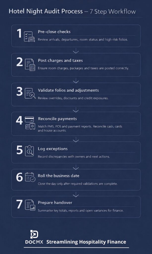 Hotel night audit process infographic showing 7 step workflow from pre-close checks to business date rollover and handover